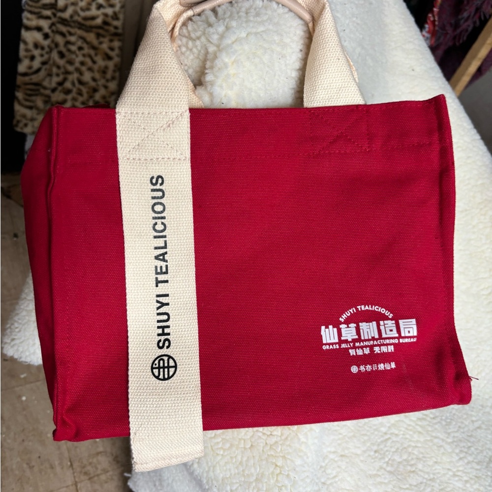 Red Canvas Tote Bag with Beige Straps